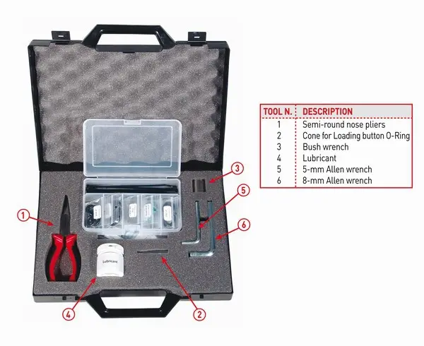Servisní sada inflátoru, obsahuje všechny potřebné nástroje pro servis inflátoru a sadu O kroužků pro 10ks inflátorů